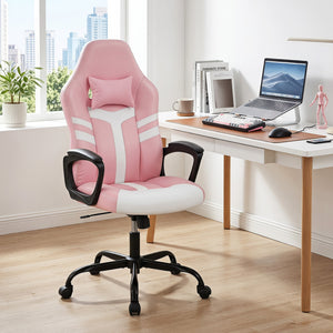 Faux Leather Upholstered Office Chair with Removable Head Pillow and Rocking Function-Pink