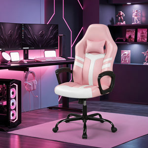 Faux Leather Upholstered Office Chair with Removable Head Pillow and Rocking Function-Pink