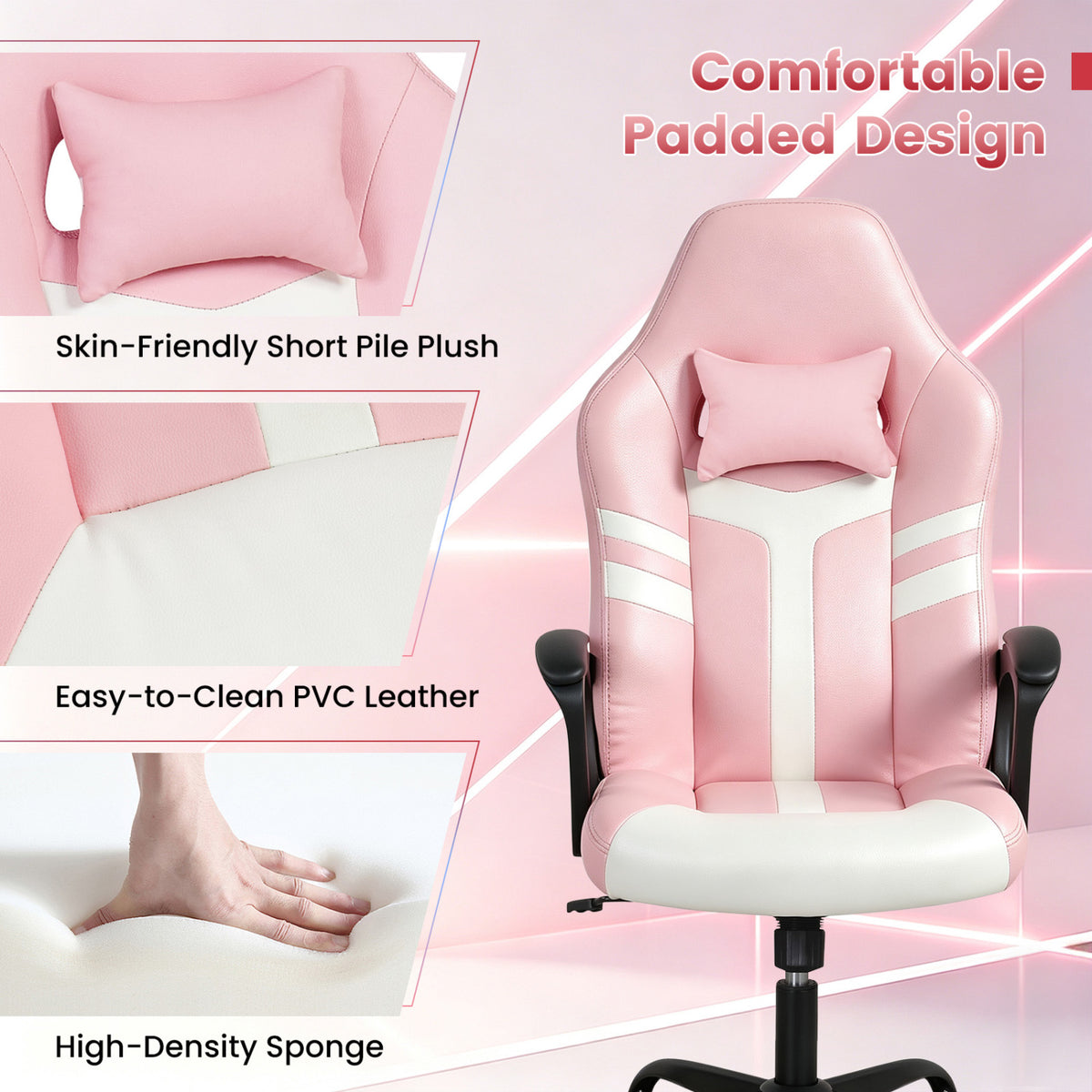 Faux Leather Upholstered Office Chair with Removable Head Pillow and Rocking Function-Pink
