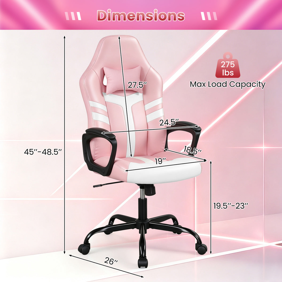 Faux Leather Upholstered Office Chair with Removable Head Pillow and Rocking Function-Pink