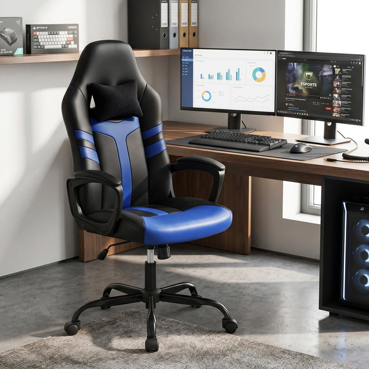 Faux Leather Upholstered Office Chair with Removable Head Pillow and Rocking Function-Blue