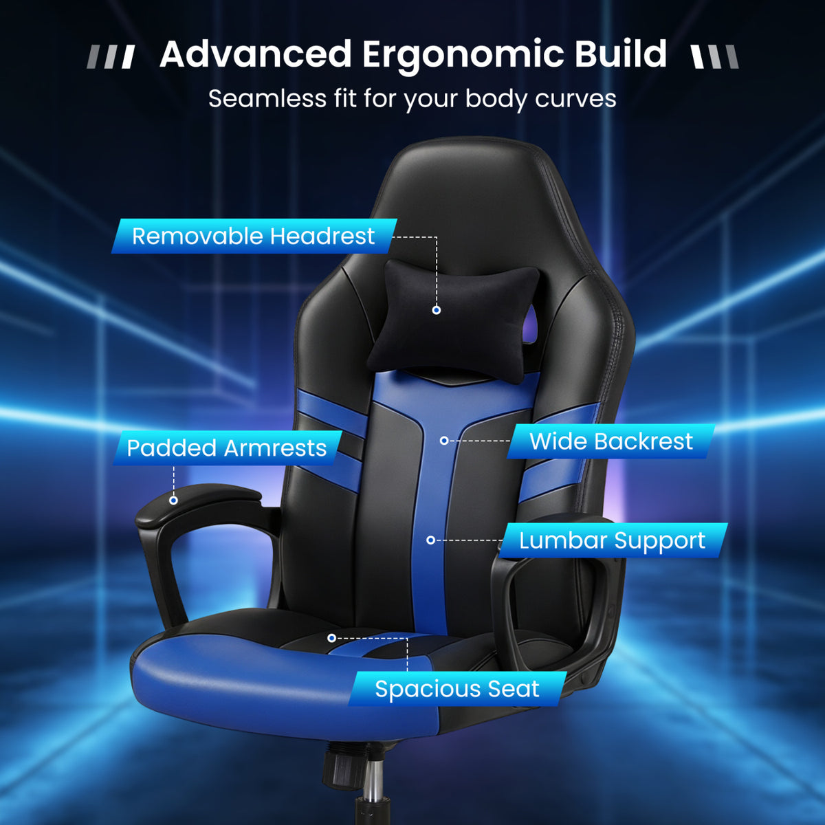 Faux Leather Upholstered Office Chair with Removable Head Pillow and Rocking Function-Blue