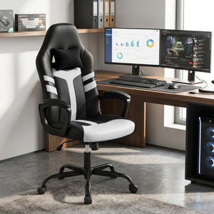 Faux Leather Upholstered Office Chair with Removable Head Pillow and Rocking Function-White