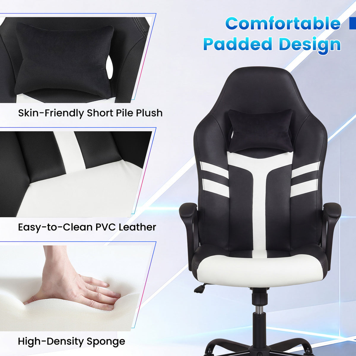 Faux Leather Upholstered Office Chair with Removable Head Pillow and Rocking Function-White