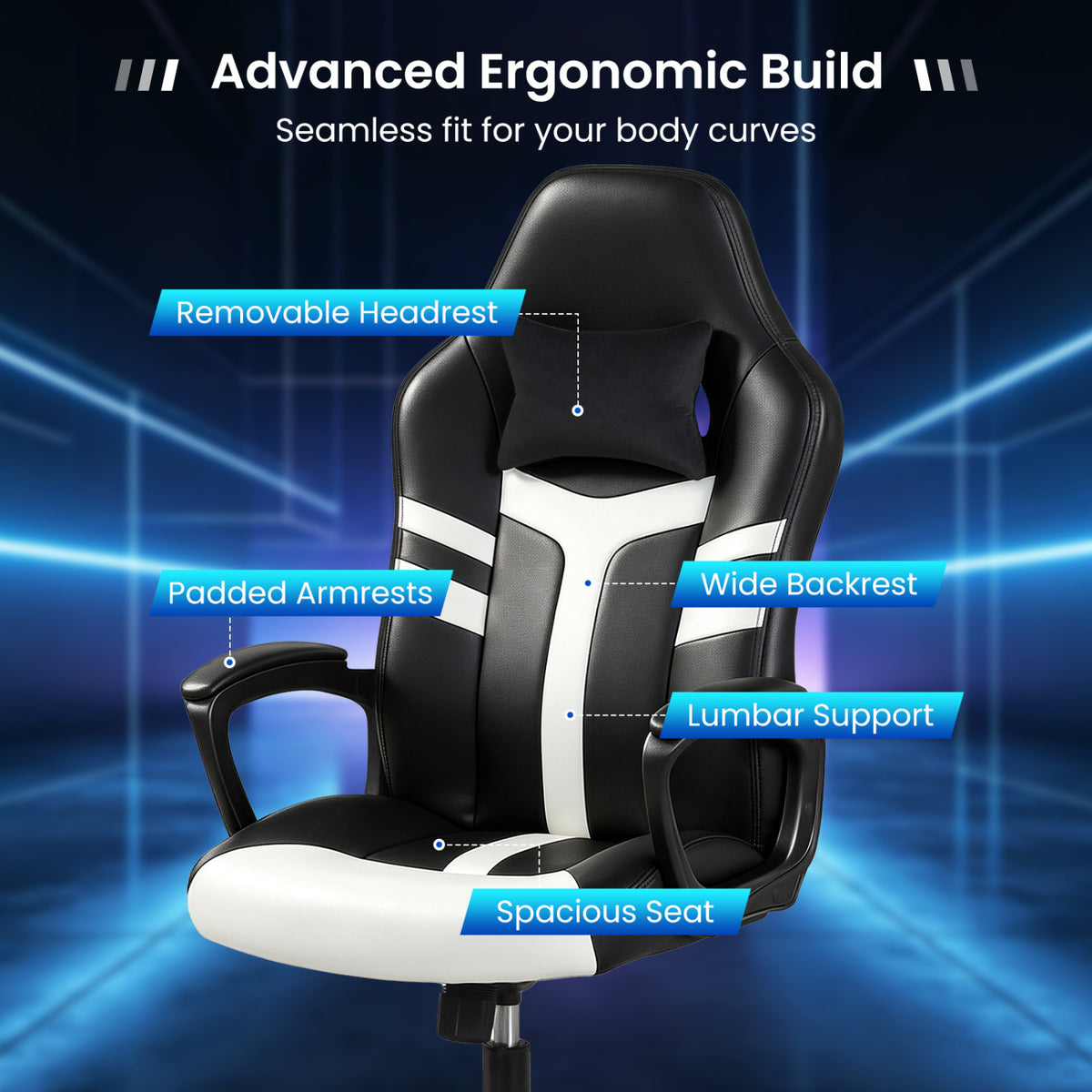 Faux Leather Upholstered Office Chair with Removable Head Pillow and Rocking Function-White