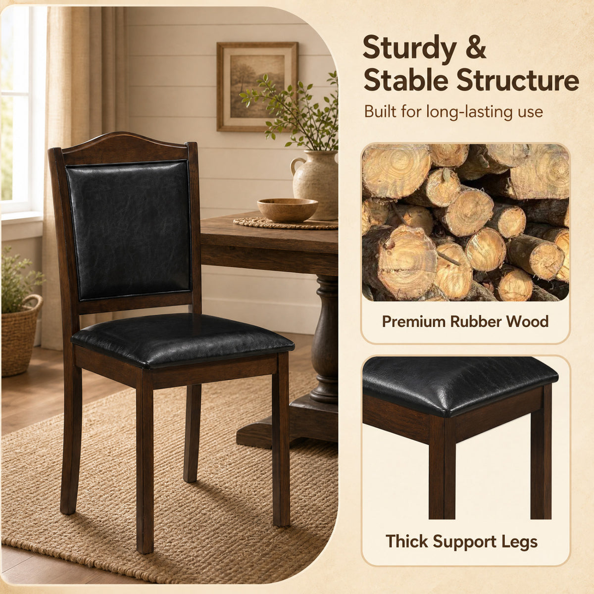 Faux Leather Upholstered Wooden Farmhouse Dining Chairs Set of 2-Walnut