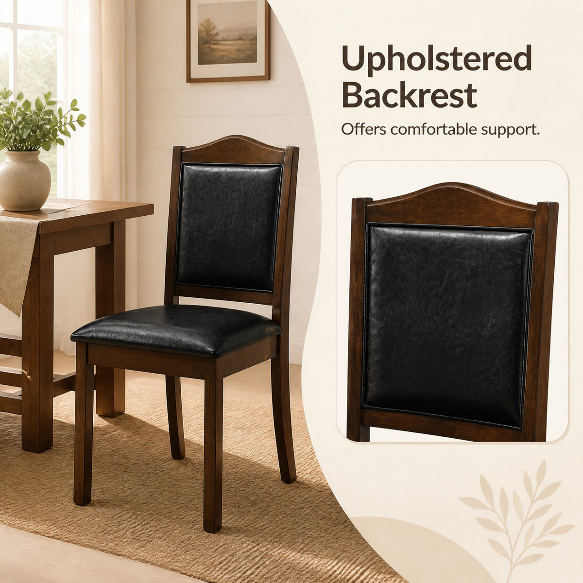 Faux Leather Upholstered Wooden Farmhouse Dining Chairs Set of 2-Walnut