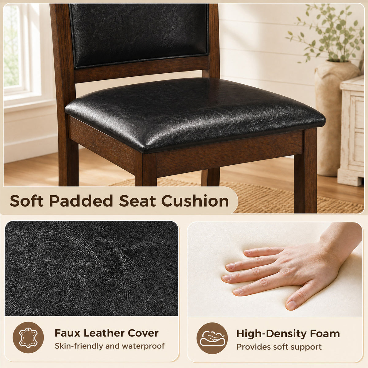 Faux Leather Upholstered Wooden Farmhouse Dining Chairs Set of 2-Walnut