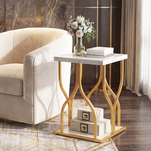Faux Marble Bedside Night Stand with Petal-Inspired Metal Frame-White