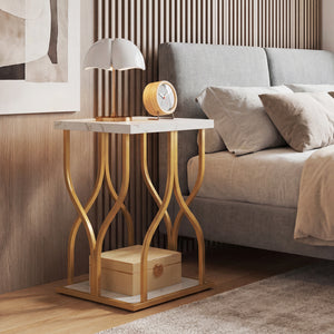 Faux Marble Bedside Night Stand with Petal-Inspired Metal Frame-White