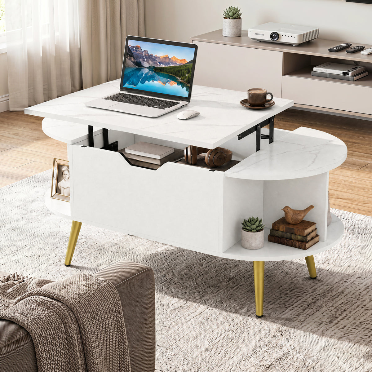 Faux Marble Lift Top Coffee Table with Hidden Compartment and Shelves-White
