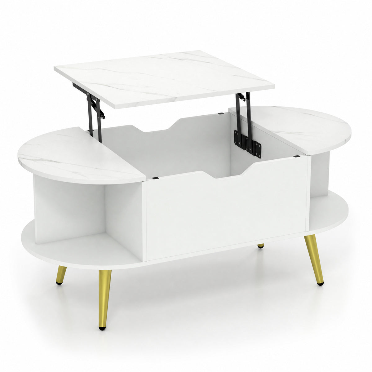 Faux Marble Lift Top Coffee Table with Hidden Compartment and Shelves-White