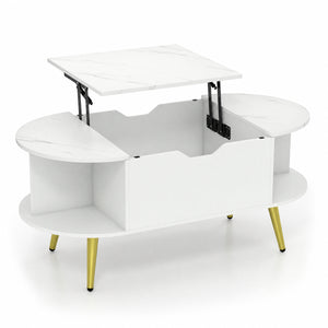 Faux Marble Lift Top Coffee Table with Hidden Compartment and Shelves-White