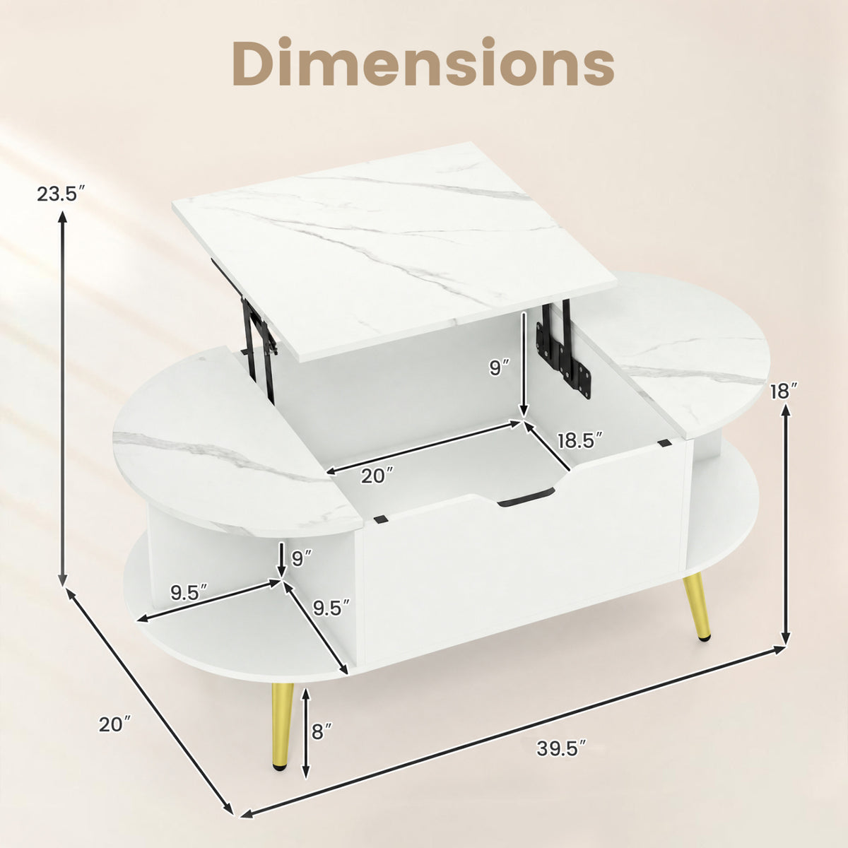 Faux Marble Lift Top Coffee Table with Hidden Compartment and Shelves-White