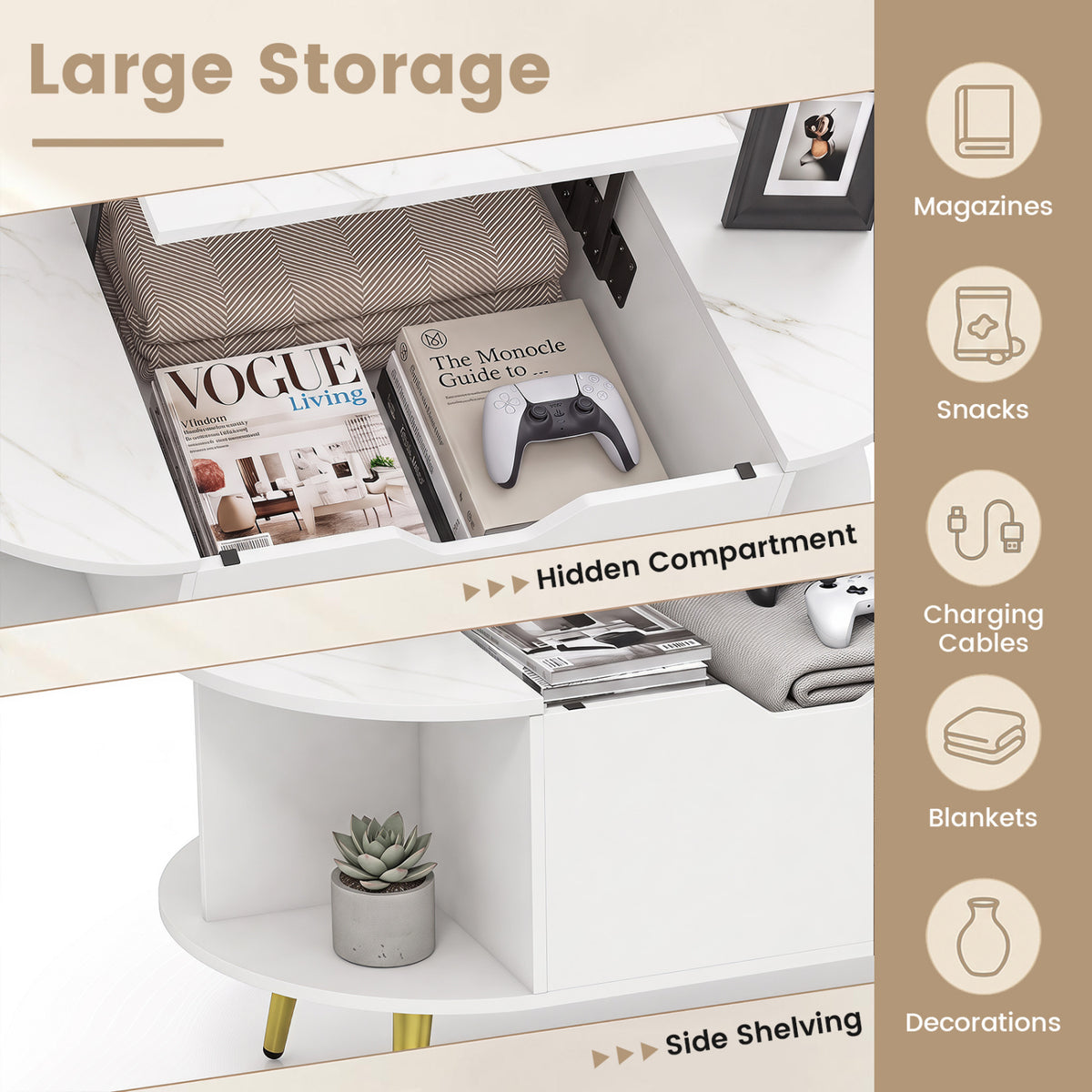 Faux Marble Lift Top Coffee Table with Hidden Compartment and Shelves-White