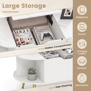Faux Marble Lift Top Coffee Table with Hidden Compartment and Shelves-White