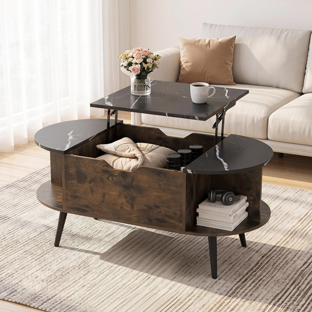 Faux Marble Lift Top Coffee Table with Hidden Compartment and Shelves-Black