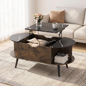 Faux Marble Lift Top Coffee Table with Hidden Compartment and Shelves-Black