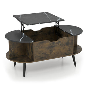 Faux Marble Lift Top Coffee Table with Hidden Compartment and Shelves-Black