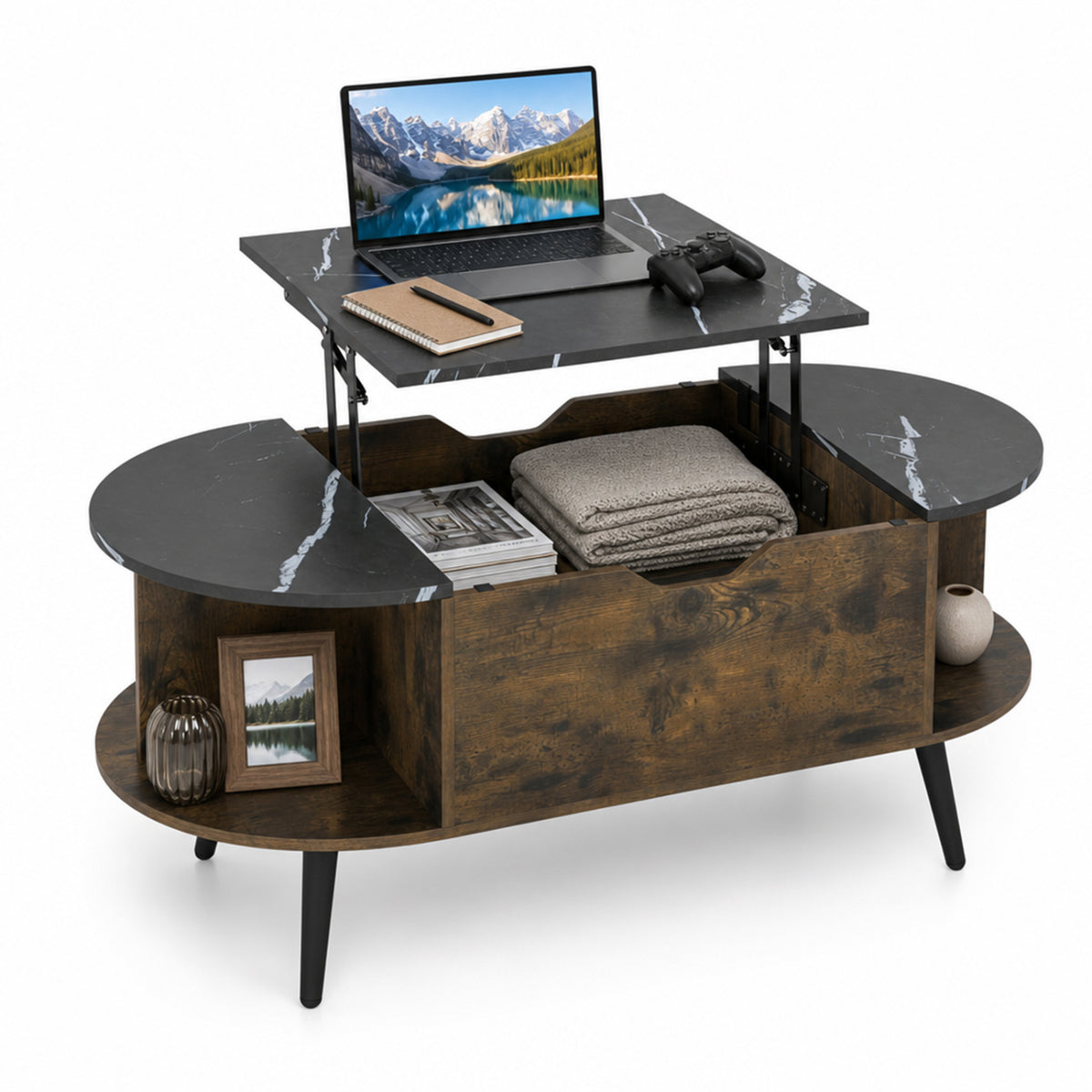 Faux Marble Lift Top Coffee Table with Hidden Compartment and Shelves-Black