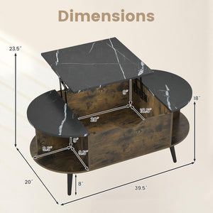 Faux Marble Lift Top Coffee Table with Hidden Compartment and Shelves-Black