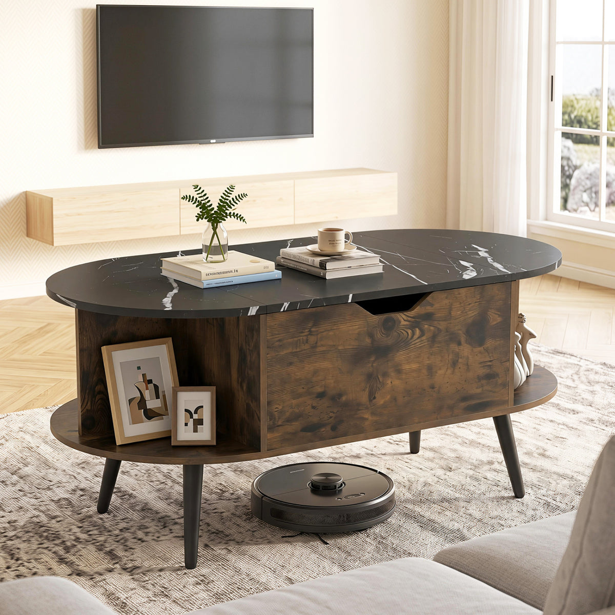 Faux Marble Lift Top Coffee Table with Hidden Compartment and Shelves-Black