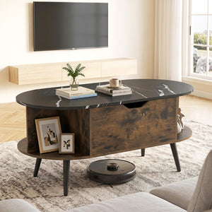 Faux Marble Lift Top Coffee Table with Hidden Compartment and Shelves-Black