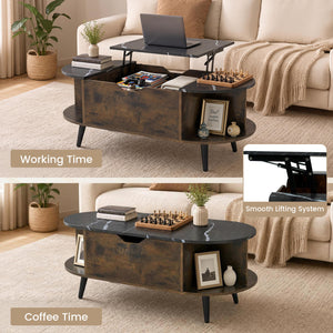 Faux Marble Lift Top Coffee Table with Hidden Compartment and Shelves-Black
