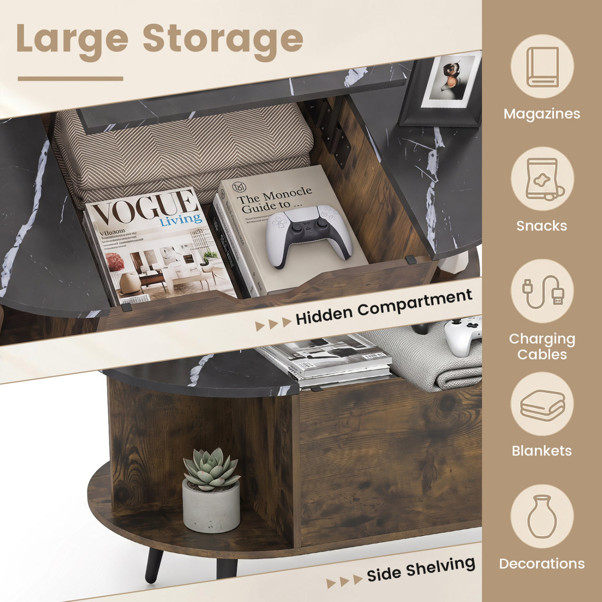 Faux Marble Lift Top Coffee Table with Hidden Compartment and Shelves-Black
