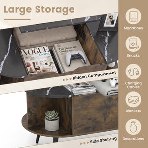 Faux Marble Lift Top Coffee Table with Hidden Compartment and Shelves-Black