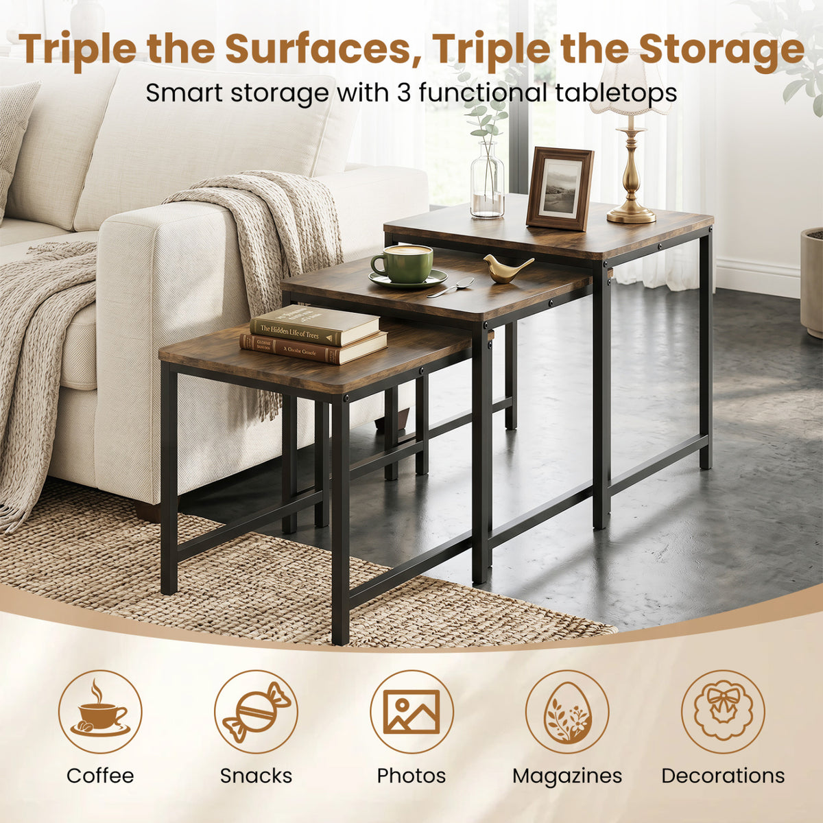 Faux Marble Nesting Table with Metal Frame Set of 3-Rustic Brown