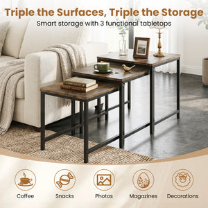 Faux Marble Nesting Table with Metal Frame Set of 3-Rustic Brown