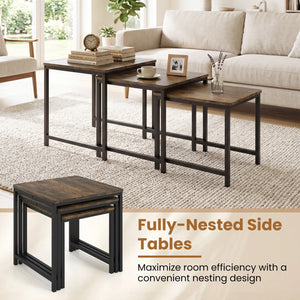 Faux Marble Nesting Table with Metal Frame Set of 3-Rustic Brown