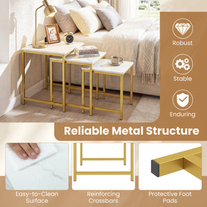 Faux Marble Nesting Table with Metal Frame Set of 3-White