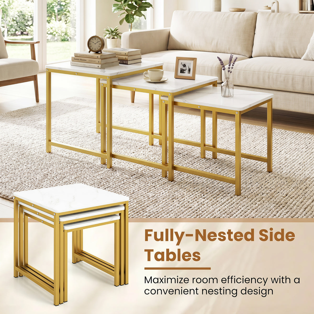 Faux Marble Nesting Table with Metal Frame Set of 3-White