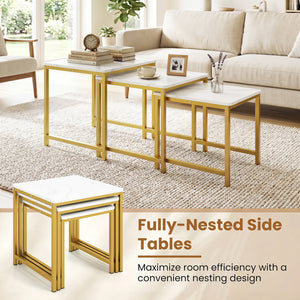 Faux Marble Nesting Table with Metal Frame Set of 3-White