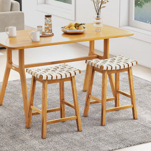 Faux PU Leather Bar Stools Set of 2 with Woven Curved Seat Natural-25.5 inches