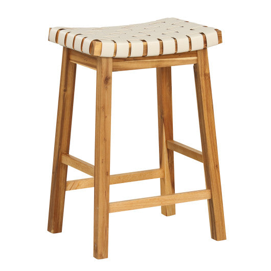 Faux PU Leather Bar Stools Set of 2 with Woven Curved Seat Natural-25.5 inches