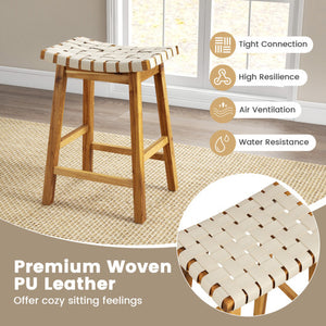 Faux PU Leather Bar Stools Set of 2 with Woven Curved Seat Natural-25.5 inches