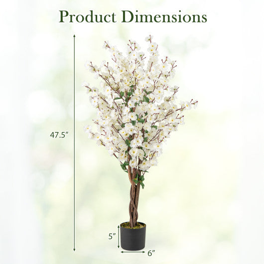 Faux Plum Blossom Plant with White Fabric Flower and Solid Wood Trunk-White