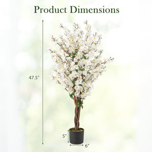 Faux Plum Blossom Plant with White Fabric Flower and Solid Wood Trunk-White