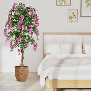 5.5 FT Faux Wisteria Plant in Nursery Pot with Blooming Flowers-Rose Red