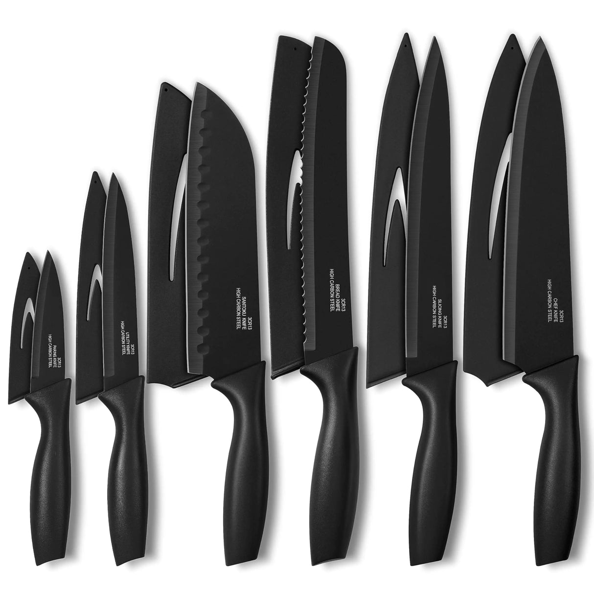 Onader Black Kitchen Knife Set Stainless Steel Sharp Small Knives Set with Covers for Kitchen 12 Pieces