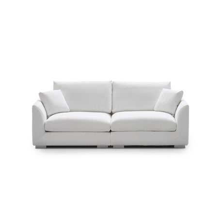 Introducing the Feathers 3-Seater Sofa, a sleek and modern white sofa accompanied by two matching cushions. Set on a plain white background, this sofa features a minimalist design with smooth, rounded armrests and plush seating, epitomizing clean elegance.