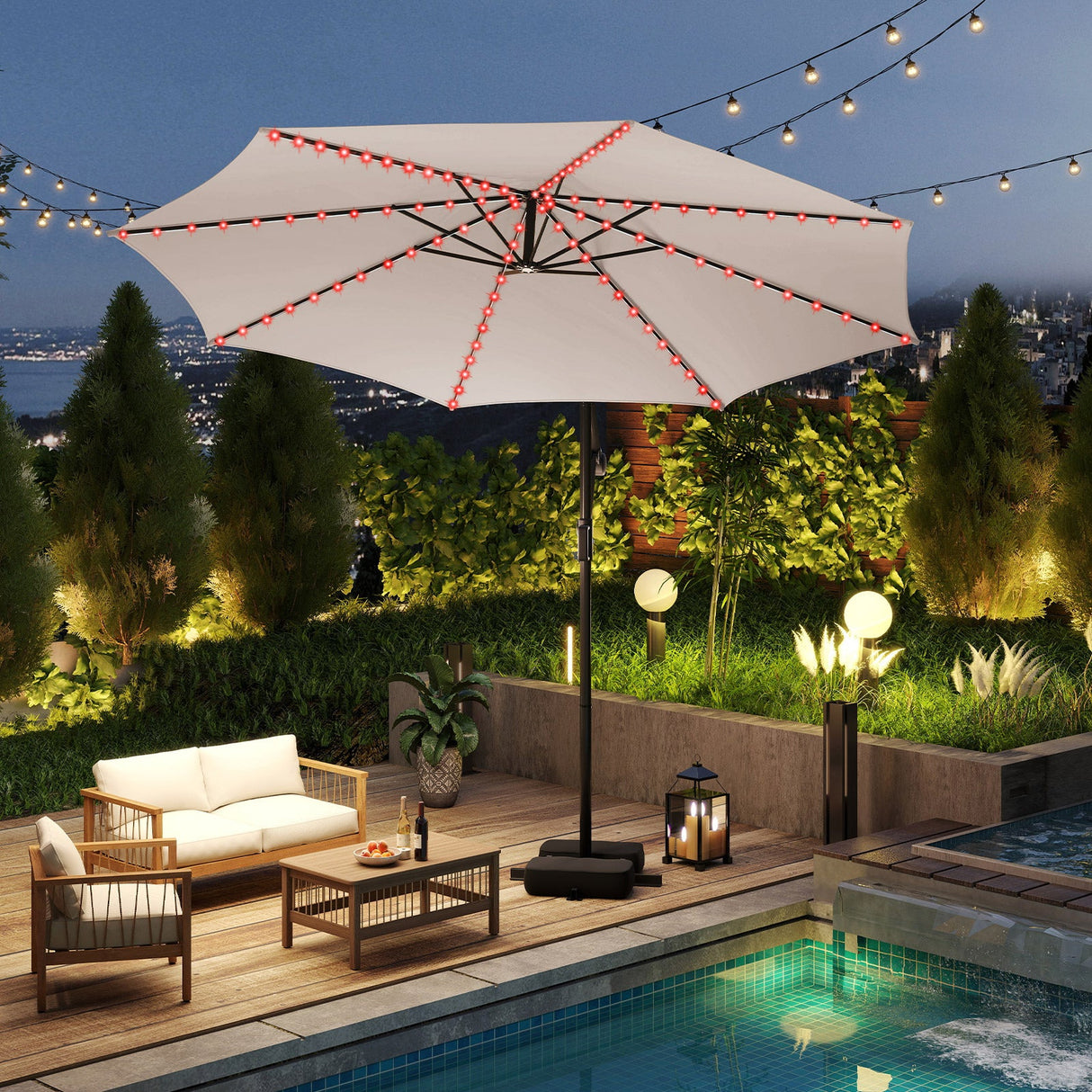 10 Feet Solar Offset Hanging Umbrella with Base and LED Lights-Beige by DirectDeals