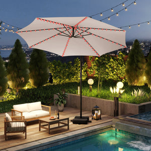 10 Feet Solar Offset Hanging Umbrella with Base and LED Lights-Beige