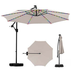 10 Feet Solar Offset Hanging Umbrella with Base and LED Lights-Beige