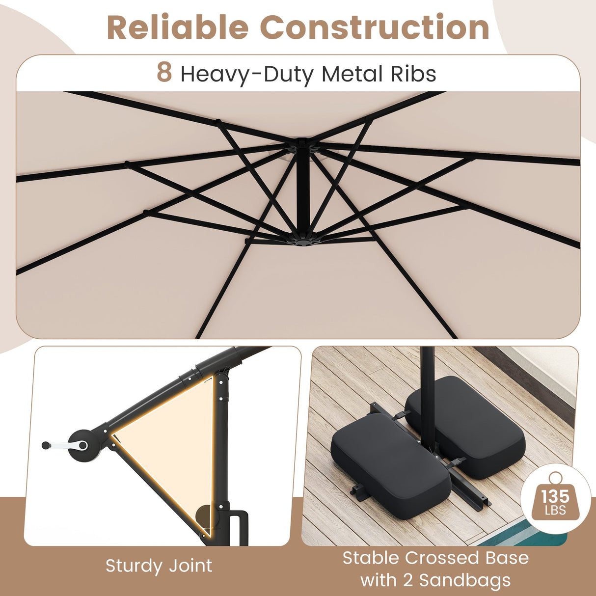 10 Feet Solar Offset Hanging Umbrella with Base and LED Lights-Beige by DirectDeals