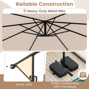 10 Feet Solar Offset Hanging Umbrella with Base and LED Lights-Beige by DirectDeals