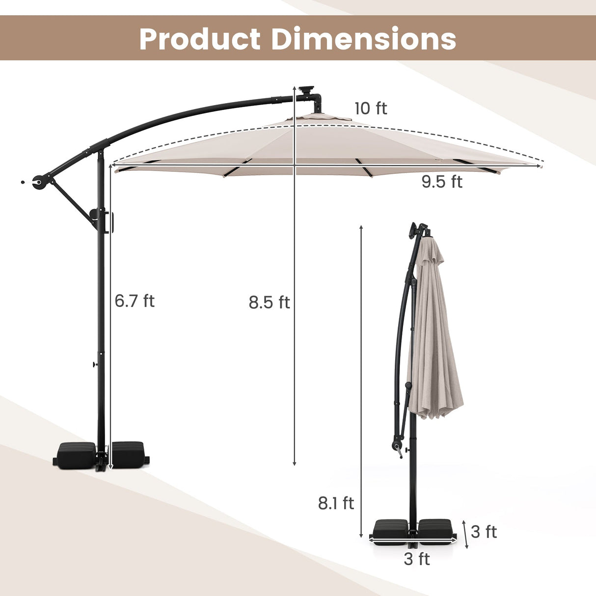 10 Feet Solar Offset Hanging Umbrella with Base and LED Lights-Beige by DirectDeals
